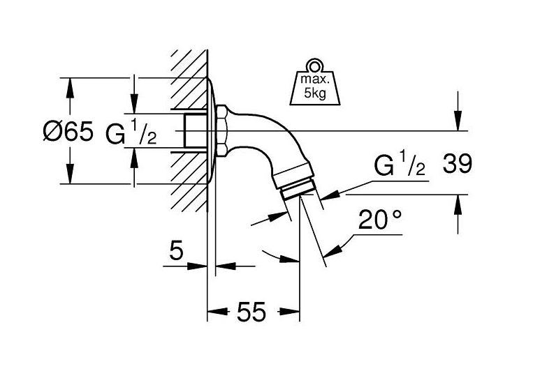 Grohe 28429 Shower Arm Short Projection ½” dimensions