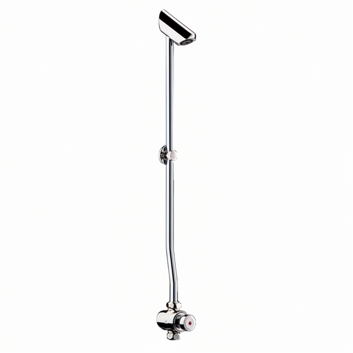 Commercial showering range, represented by a chrome shower assembly with fixed head and push-button control