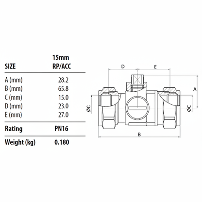 15mm Combined Isolating Valve & Flow Regulator - Line Drawing