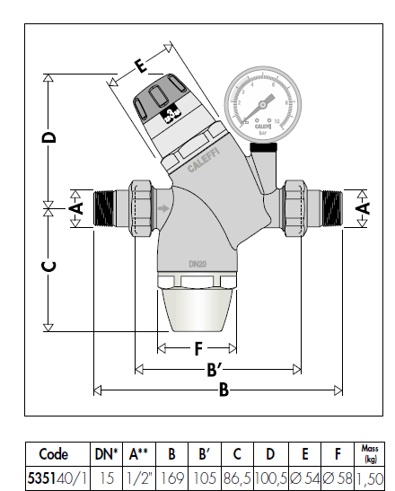 Caleffi 535141 1/2" Pressure reducing valve with inspection filter and gauge