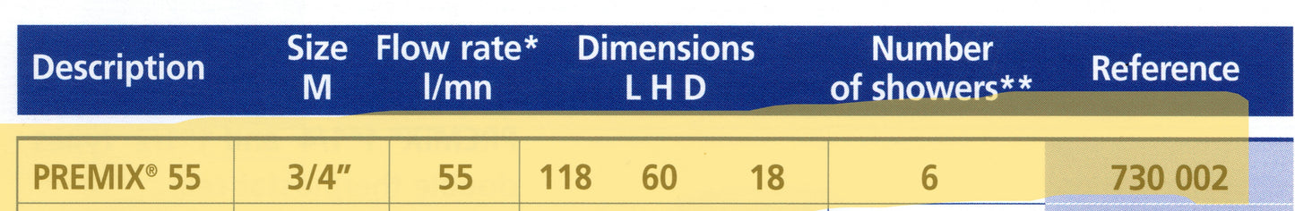 Delabie 73002 Premix flow rate and number of showers commercial showering