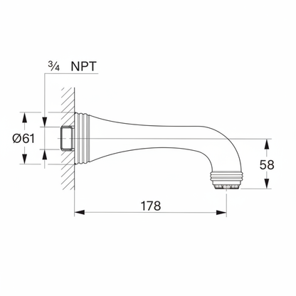 Grohe 13650 Sinfonia 3/4" Chrome wall bath spout - dimensions drawing