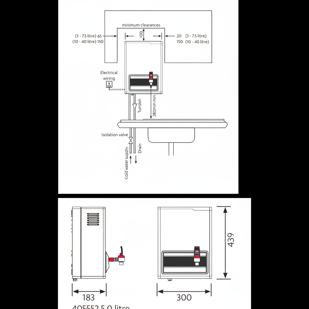 Zip 405552 5 Ltr Hydroboil Instant Wall Mounted Boiler dimensions
