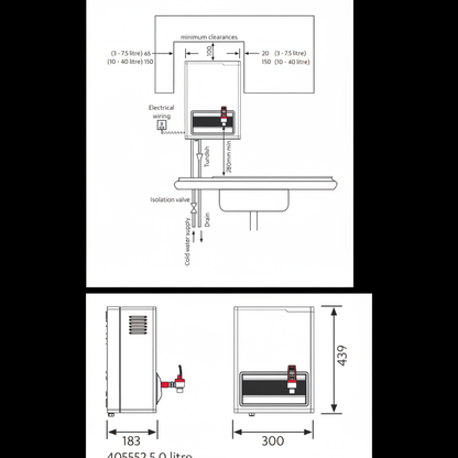 Zip 405552 5 Ltr Hydroboil Instant Wall Mounted Boiler dimensions